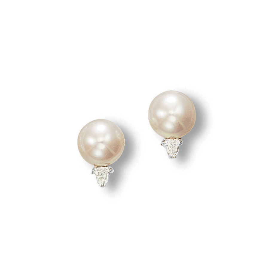A PAIR OF CULTURED PEARL AND DIAMOND EAR CLIPS