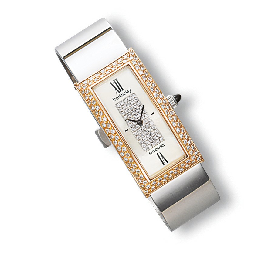 A DIAMOND AND MOTHER-OF-PEARL WATCH, BY BARTHELAY AND SCAVIA