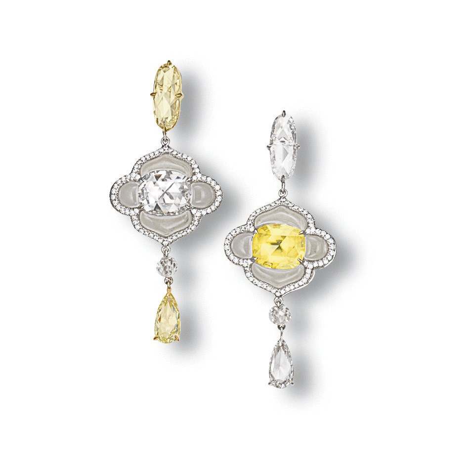 A PAIR OF COLOURED DIAMOND, DIAMOND AND ROCK CRYSTAL EAR PENDANTS, BY J. KOO