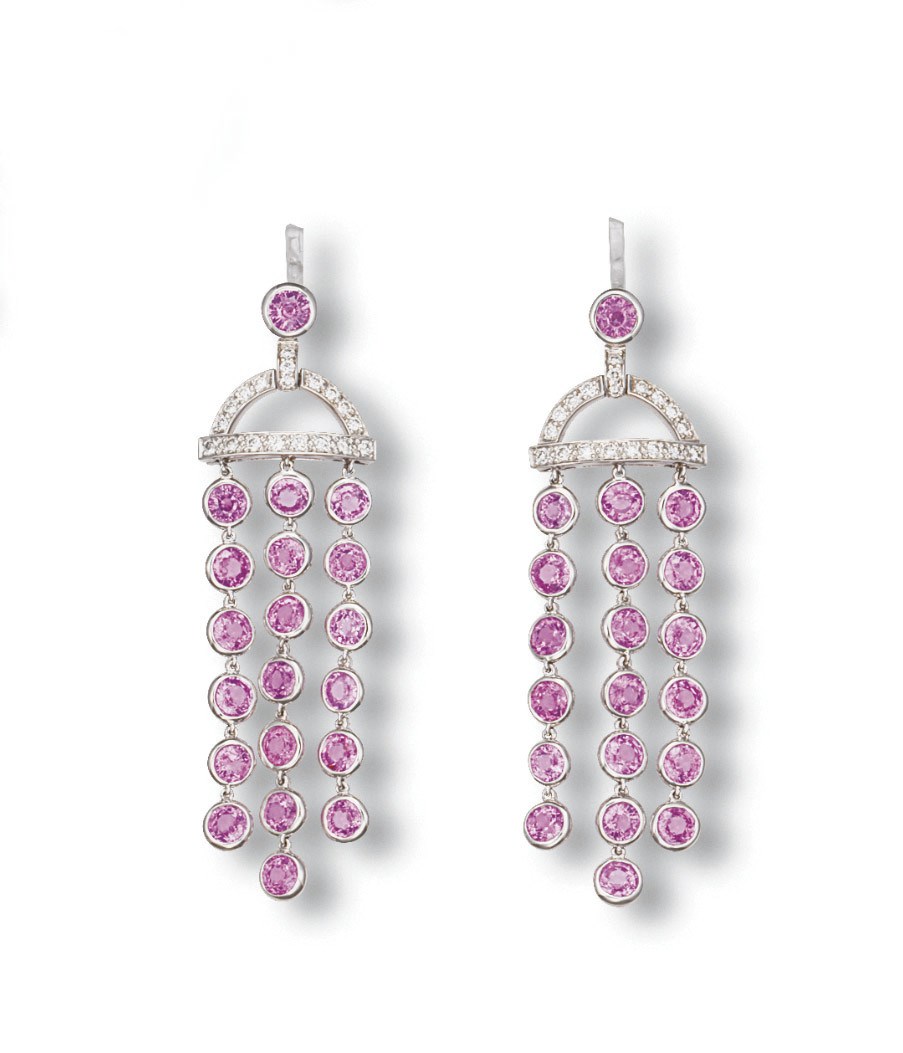 A PAIR OF PINK SAPPHIRE AND DIAMOND EAR PENDANTS