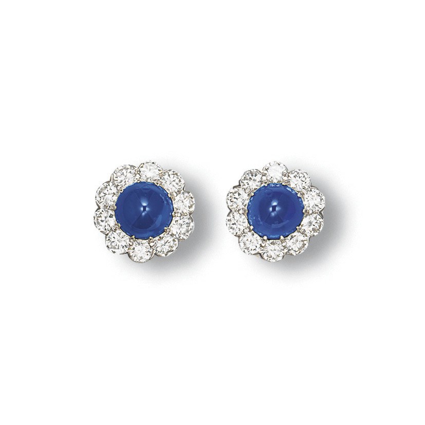 A PAIR OF SAPPHIRE AND DIAMOND EAR CLIPS