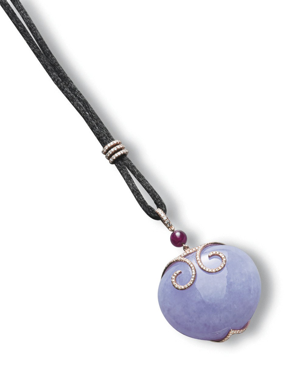 A JADEITE ,RUBY AND DIAMOND PENDENT NECKLACE