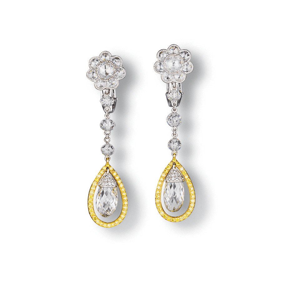 A PAIR OF DIAMOND AND COLOURED DIAMOND EAR PENDANTS