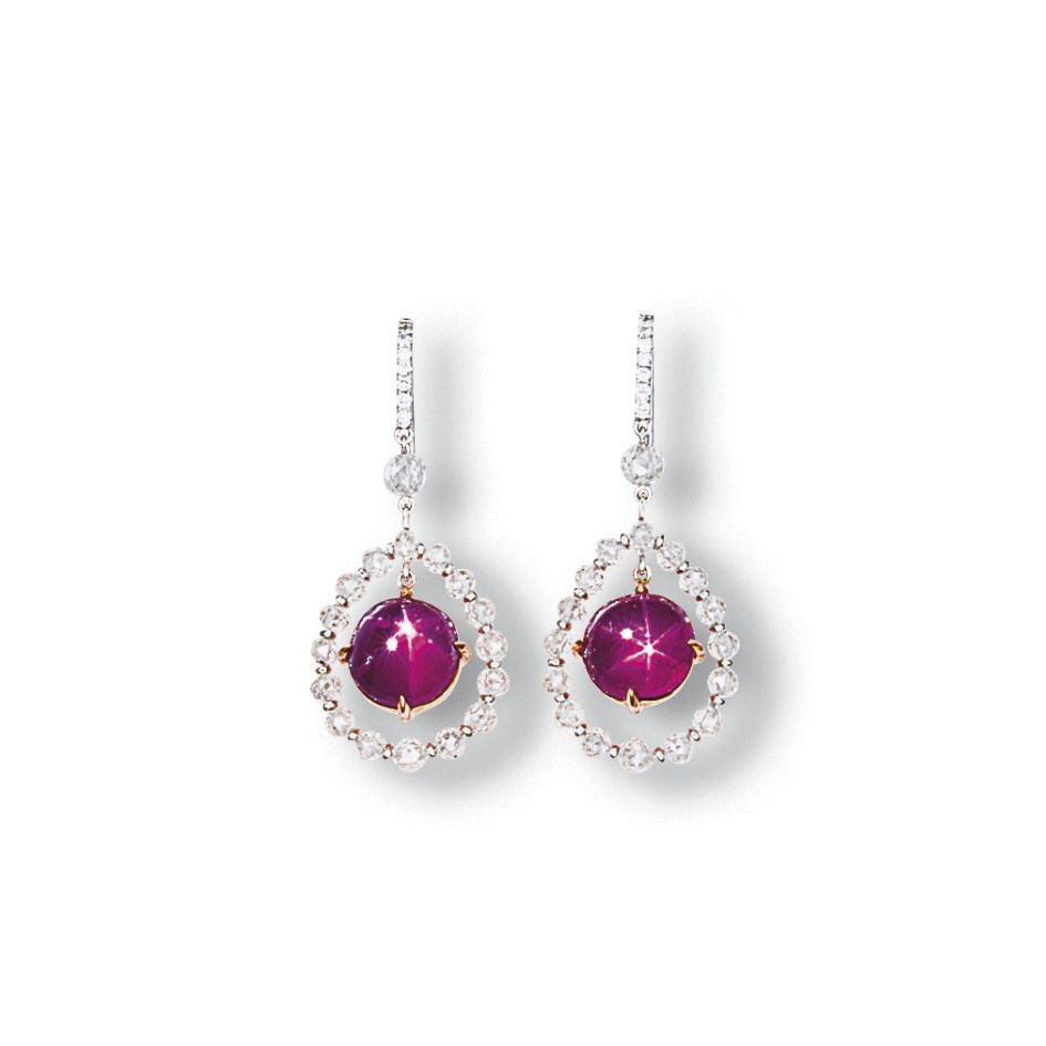 A PAIR OF STAR RUBY AND DIAMOND EAR PENDANTS