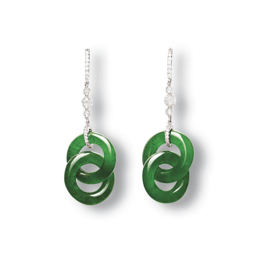 A PAIR OF JADEITE AND DIAMOND EAR PENDANTS