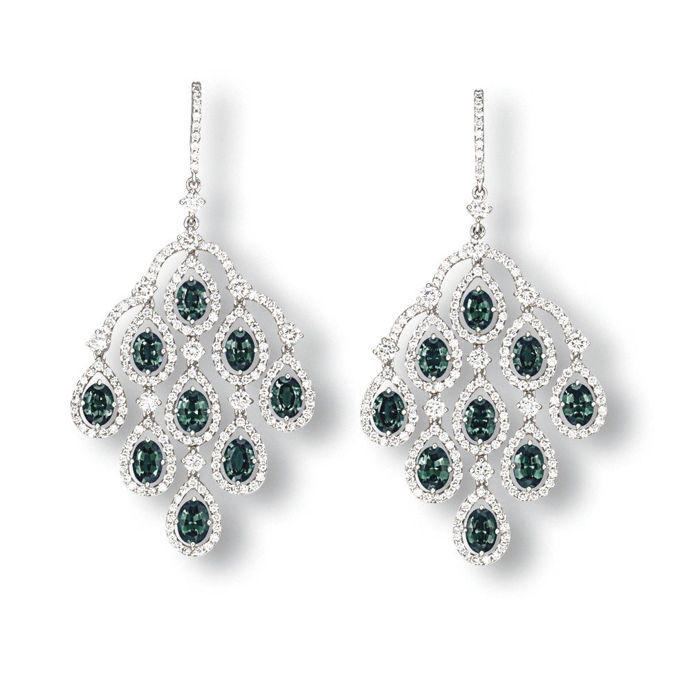 A PAIR OF ALEXANDRITE AND DIAMOND EAR PENDANTS