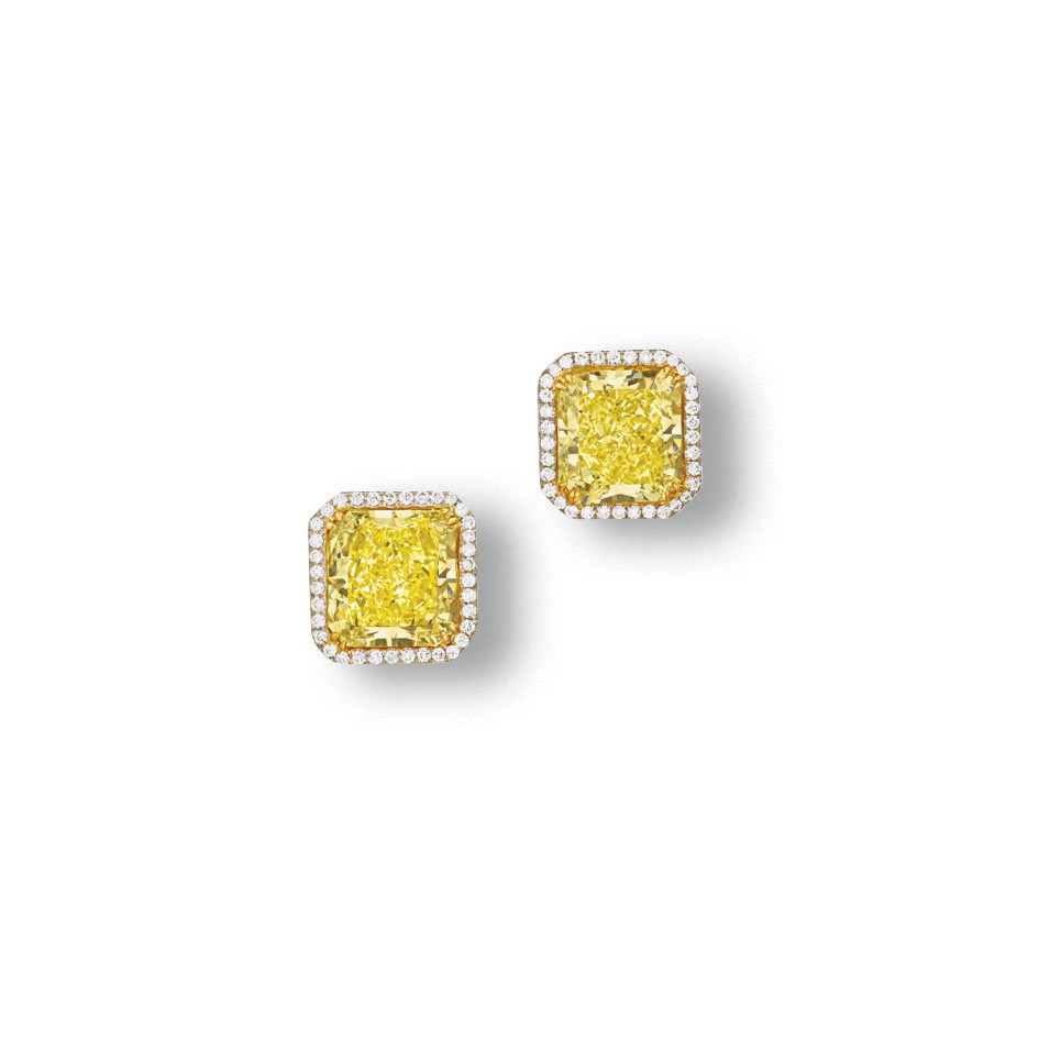 A PAIR OF COLOURED DIAMOND AND DIAMOND EARRINGS