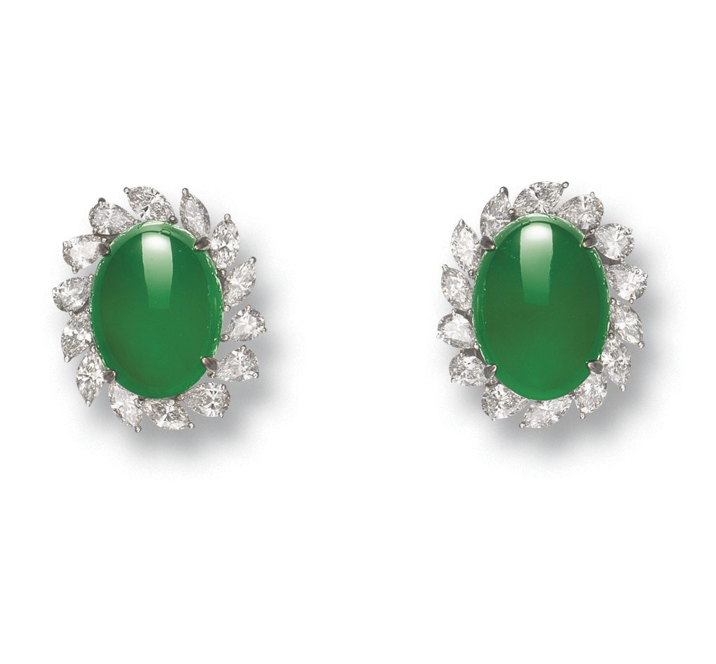 A PAIR OF JADEITE AND DIAMOND EAR CLIPS
