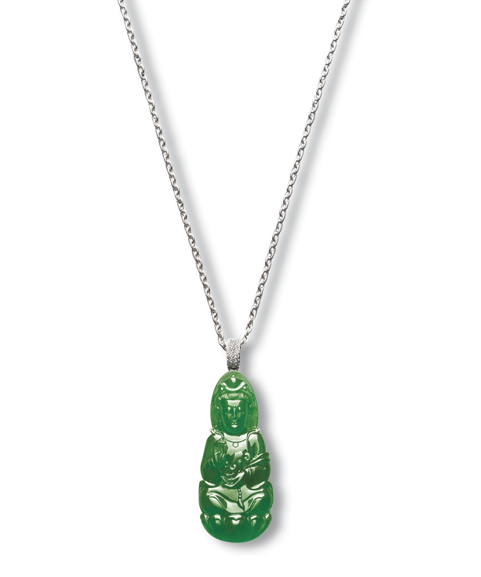 A JADEITE GUANYIN AND DIAMOND PENDENT NECKLACE