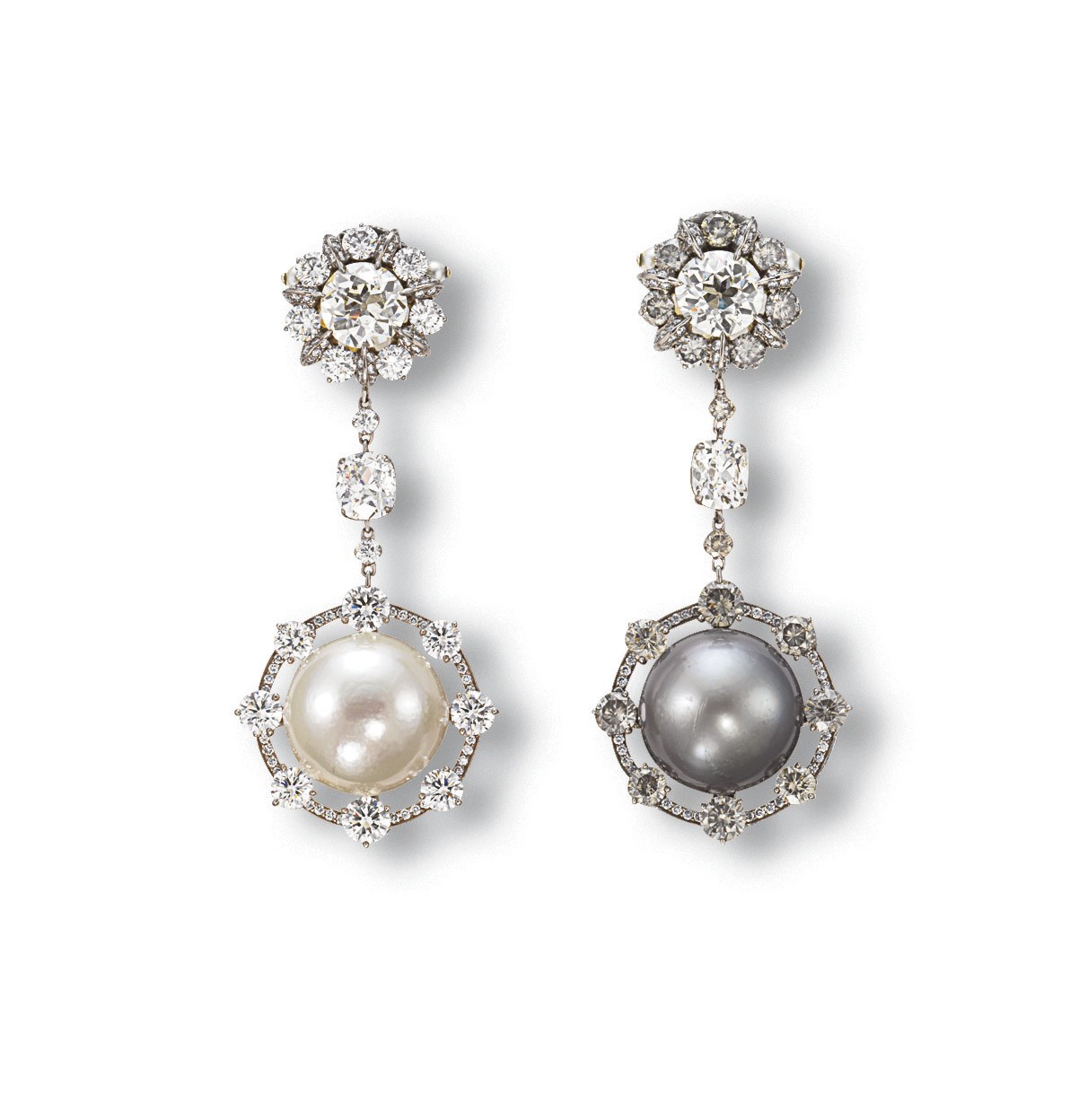 AN ELEGANT PAIR OF PEARL AND DIAMOND EAR PENDANTS, BY WALLACE CHAN