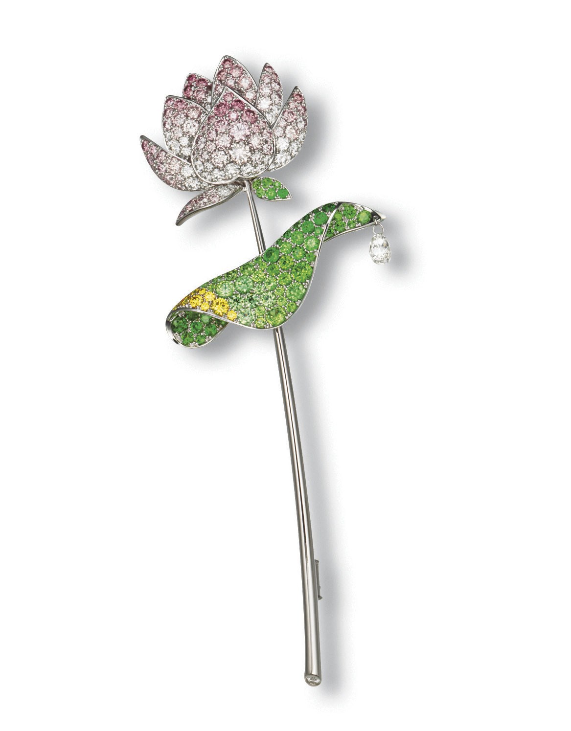 A DELICATE COLOURED DIAMOND, DIAMOND AND DEMANTOID GARNET 'LOTUS' BROOCH, BY GIMEL