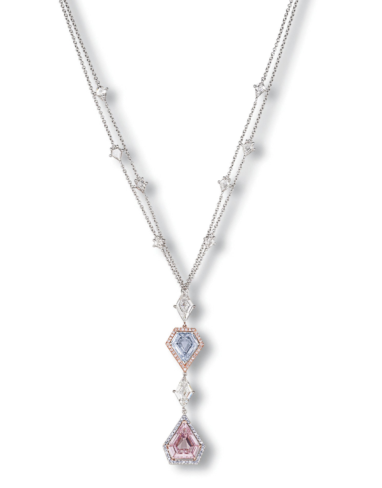 A COLOURED DIAMOND AND DIAMOND PENDENT NECKLACE