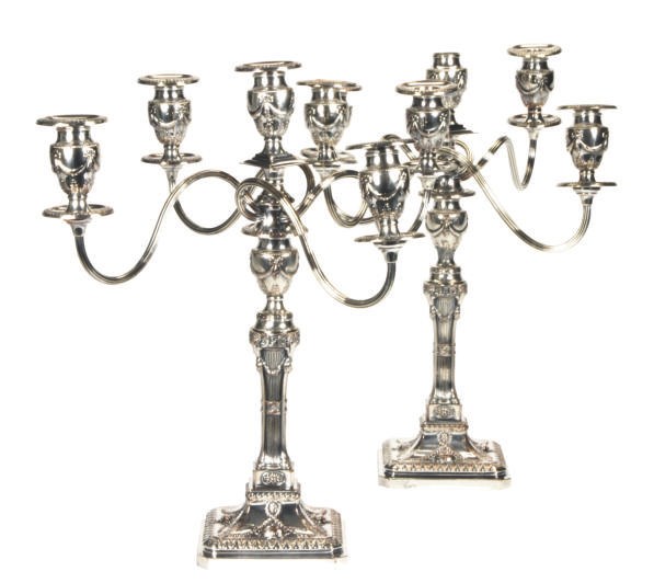 TWO ENGLISH SILVER-PLATED FIVE-LIGHT CANDELABRA,
