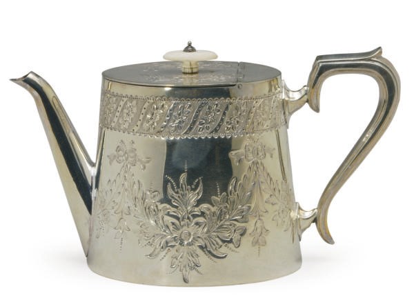 A VICTORIAN SILVER-PLATED TEAPOT WITH HINGED COVER,**