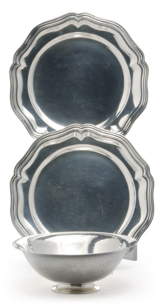 A DANISH SILVER BOWL AND A SET OF TWELVE GERMAN SILVER SIDE PLATES,