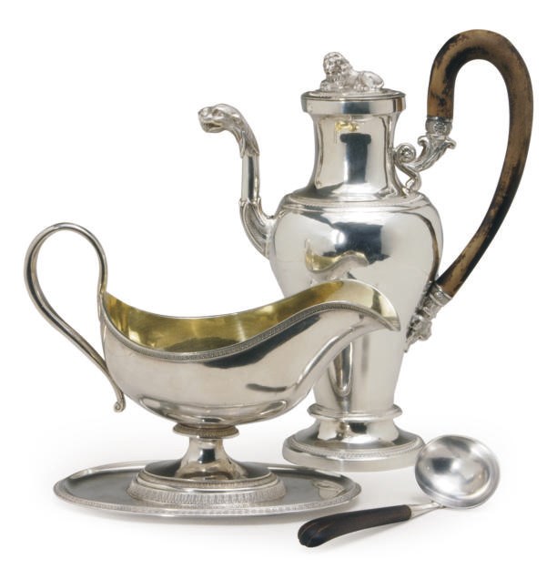 A GERMAN SILVER COFFEE POT AND COVER AND TWO SAUCEBOATS-ON-STANDS,