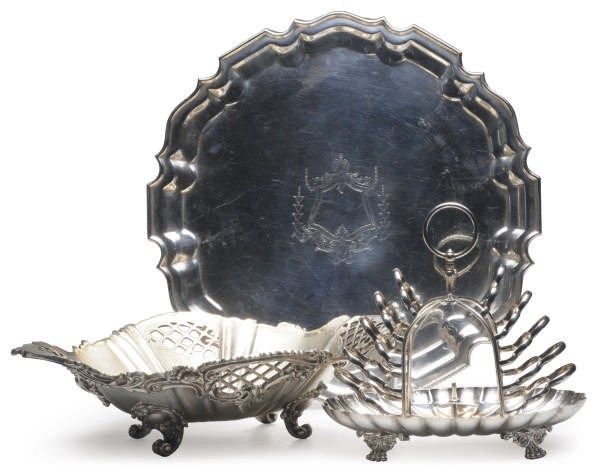 A SILVER-PLATED SALVER, PIERCED CENTERBOWL, AND A TOAST RACK,
