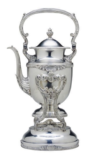 AN AMERICAN SILVER-PLATED HOT WATER POT WITH HINGED COVER ON STAND,