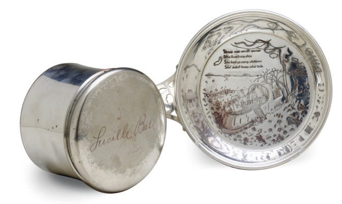 A SILVER-PLATED CIRCULAR BOX AND COVER AND A CHILD'S DISH,