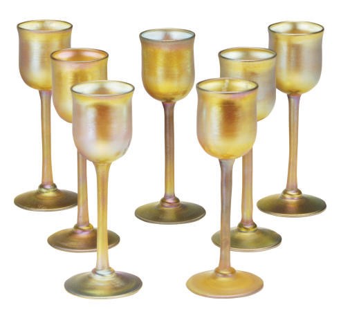 A SET OF TWELVE AMERICAN FAVRILE GLASS CORDIALS,