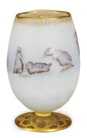 A FRENCH ENAMELED GLASS EGG-FORM CABINET VASE,