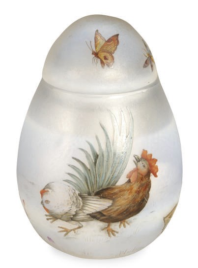 A FRENCH GLASS ENAMELED EGG-FORM BOX AND COVER,