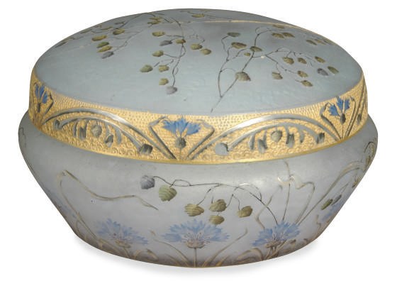 A FRENCH ENAMELED GLASS BOX AND COVER,