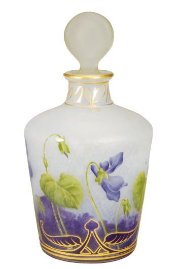 A FRENCH ENAMELED GLASS PERFUME FLASK AND A STOPPER,