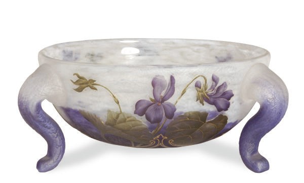 A FRENCH ENAMELED GLASS TRIPOD BOWL,