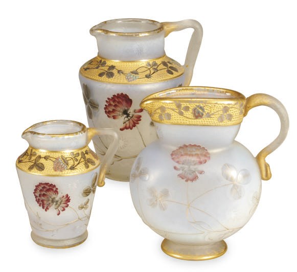 THREE FRENCH ENAMELED GLASS MINIATURE PITCHERS,