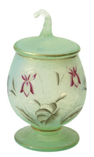 A FRENCH ENAMELED GLASS JAR AND COVER,