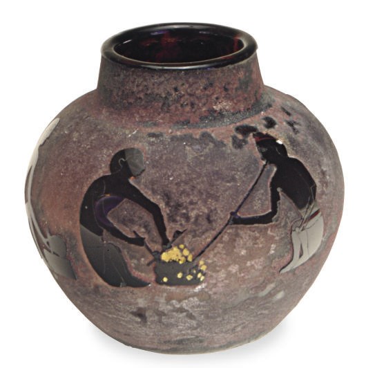 A FRENCH ACID-ETCHED GLASS VASE DEPICTING THE EARLY GLASS MAKING TECHNIQUE,