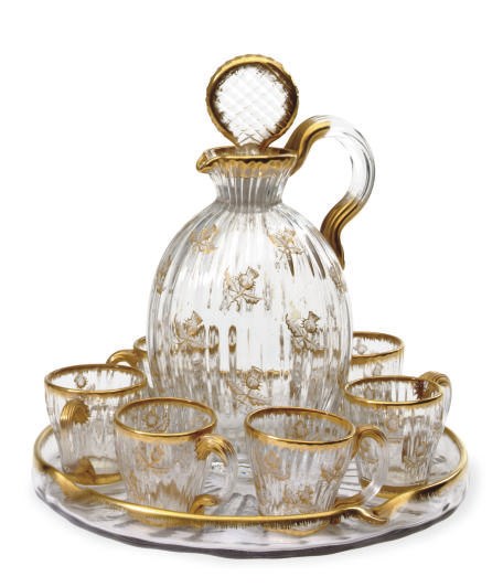 A FRENCH GLASS CORDIAL SET,