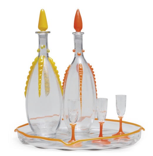 A FRENCH GLASS CORDIAL SET WITH APPLIED DECORATION,