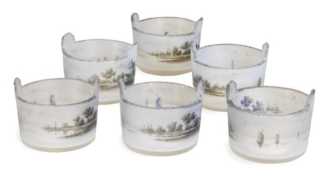 A SET OF SIX FRENCH ENAMELED GLASS SALT CELLARS,