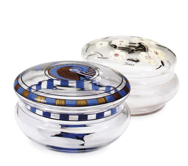 TWO ART DECO ENAMELED GLASS BOXES AND COVERS,