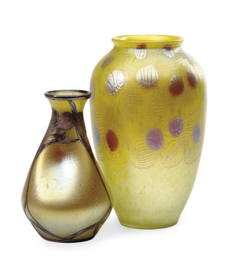 AN AUSTRIAN GLASS VASE AND A SILVER OVERLAY GLASS VASE,