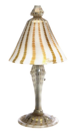 AN AMERICAN GLASS BOUDOIR LAMP AND SHADE,