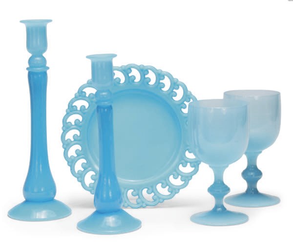 A BLUE OPALINE GLASS PART TABLE SERVICE AND AN ASSEMBLED SET OF TWENTY-THREE FRENCH CREAMWARE BREAKFAST PLATES,