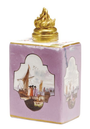 A GERMAN PORCELAIN LAVENDER-GROUND RECTANGULAR TEA CADDY AND A GILT-METAL COVER,