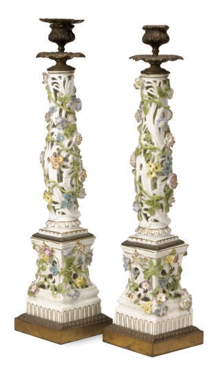A PAIR OF GILT METAL-MOUNTED MEISSEN-STYLE PORCELAIN PIERCED CANDLESTICKS APPLIED WITH FLOWERING VINES,