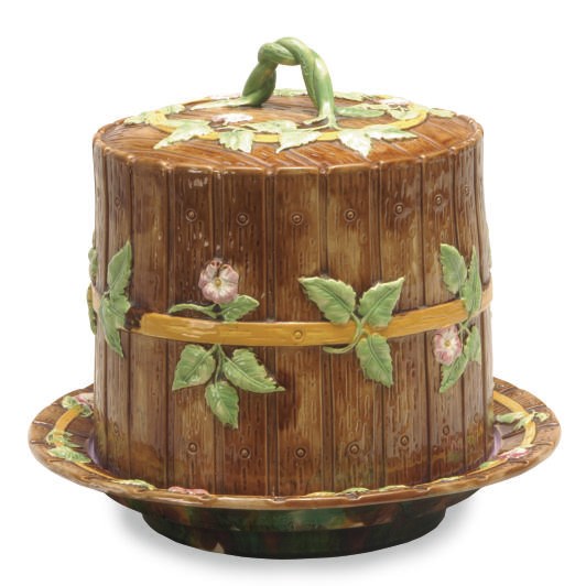 AN ENGLISH MAJOLICA BROWN-GROUND CHEESE DOME AND STAND,