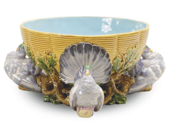 A ENGLISH MAJOLICA PIGEON-PIE TUREEN,
