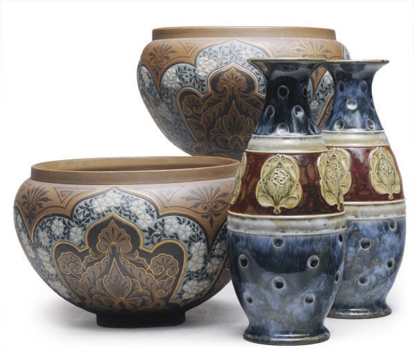 A PAIR OF ENGLISH TERRACOTTA OVOID-FORM VASES AND A PAIR OF ENGLISH SILICONWARE STONEWARE PLANTERS,