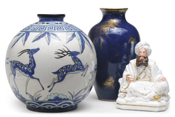 AN ENGLISH PORCELAIN VASE, A BELGIAN PORCELAIN VASE, AND A FRENCH FIGURAL SCENT BOTTLE,