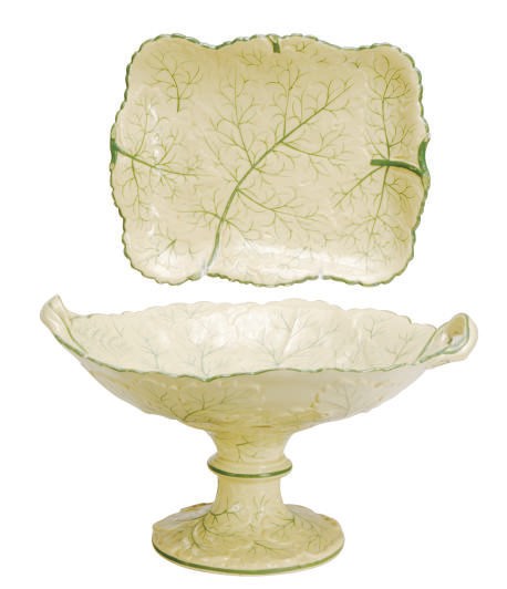 AN ENGLISH GLAZED DRABWARE LEAF-MOLDED PART DESSERT SERVICE,