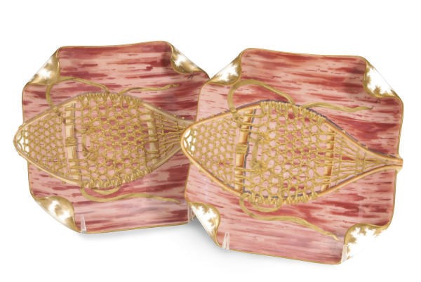 TWO FRENCH PORCELAIN SNOW SHOE ICE CREAM PLATES,