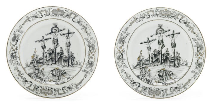 A PAIR OF GRISAILLE CRUCIFIXION PLATES