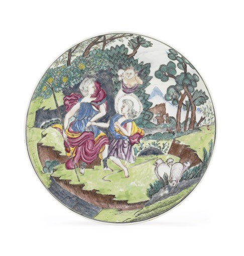 A CHINESE EXPORT FAMILLE ROSE EUROPEAN SUBJECT SAUCER DISH,