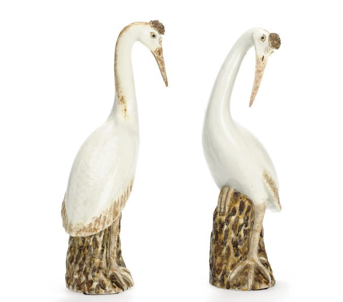 A PAIR OF CHINESE EXPORT MODELS OF WHITE CRANES,